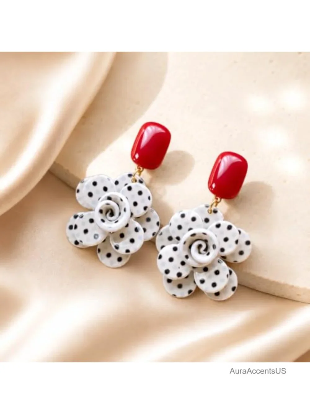 Statement Floral Drop Earrings Gold Tone Black White Polka Dot Dangle Vintage